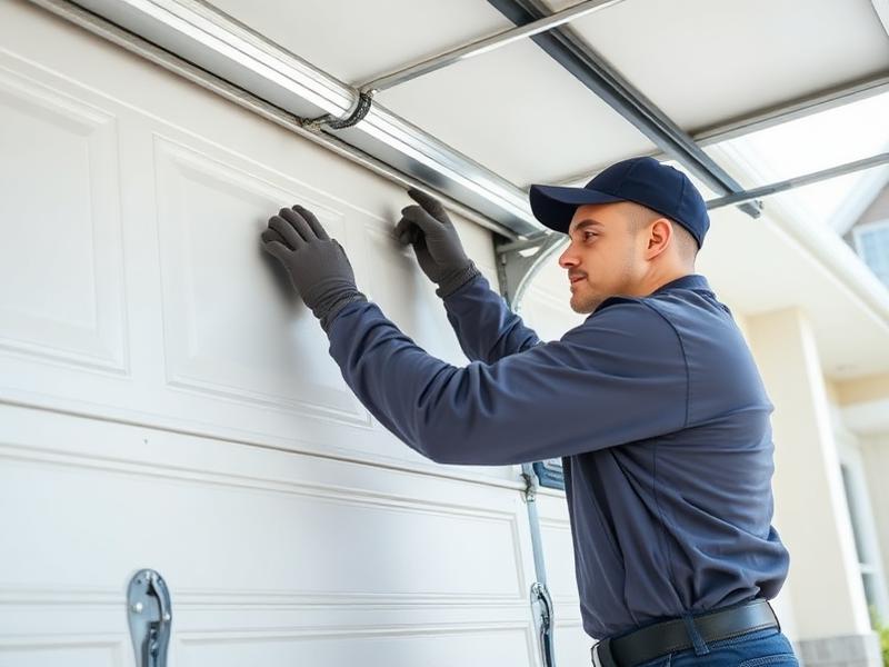 Professional garage door technician adjusting track alignment