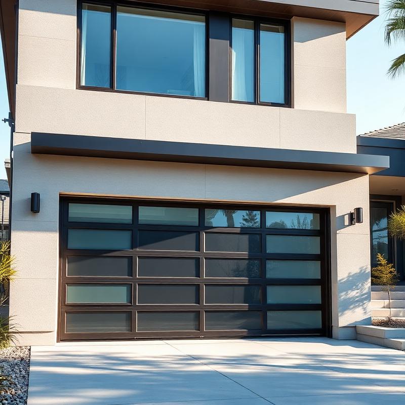 Modern aluminum and glass garage door on contemporary home
