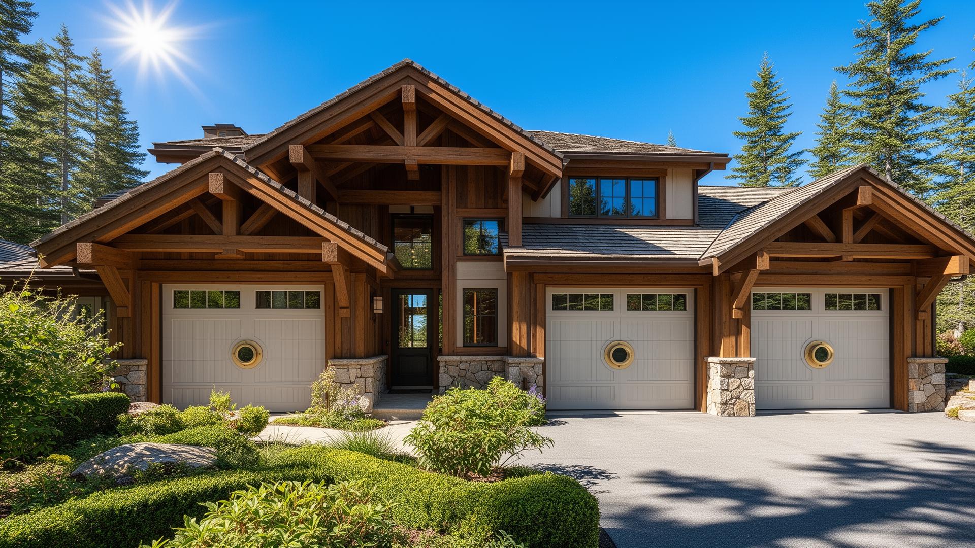 Beautiful mountain lodge home with coastal style garage doors featuring porthole windows